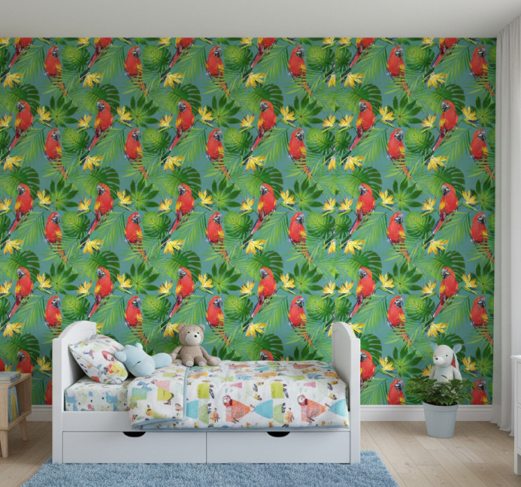 Papel de parede infantil com papagaios e folhas tropicais - TenStickers