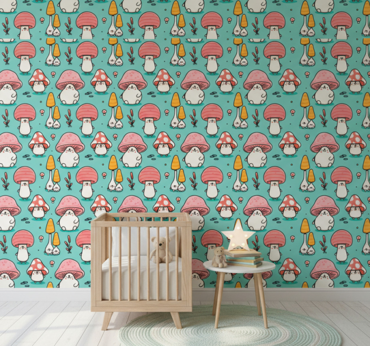 Papel de parede infantil com personagens de cogumelos - TenStickers