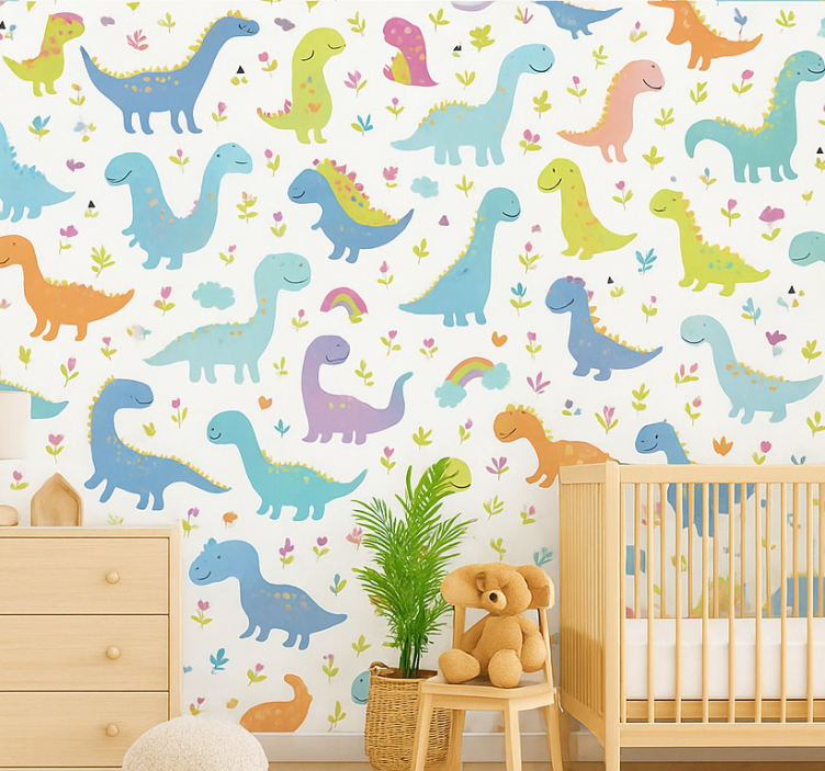 Papel de parede infantil dinossauro colorido - TenStickers