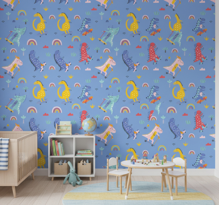 Papel de parede infantil dinossauros skatistas fofos - TenStickers