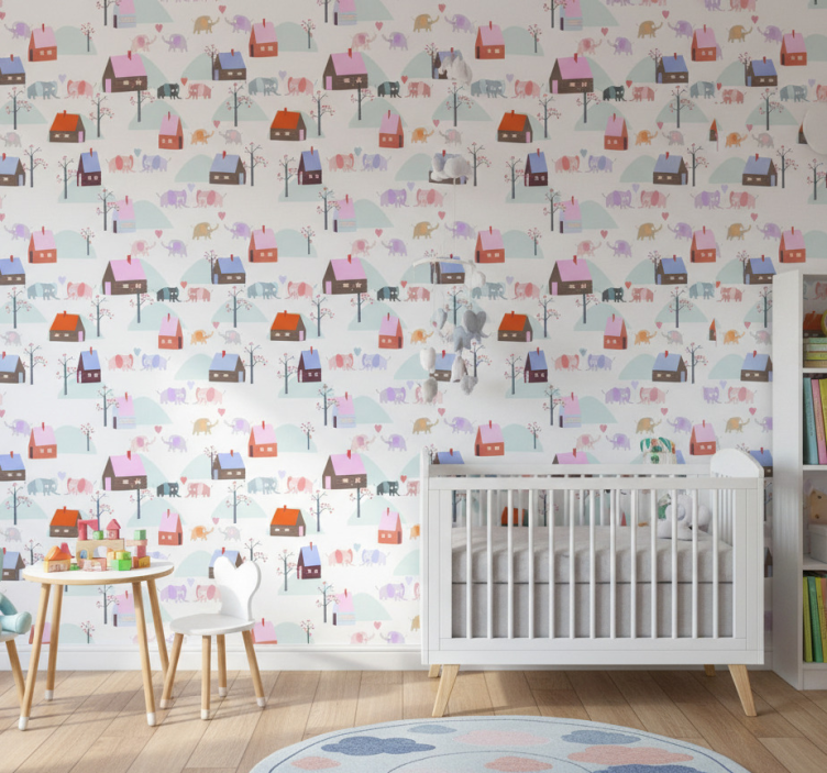 Papel de parede infantil elefantes e casas - TenStickers