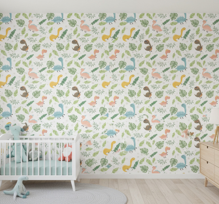 Papel de parede infantil floresta pastel com dinossauros - TenStickers