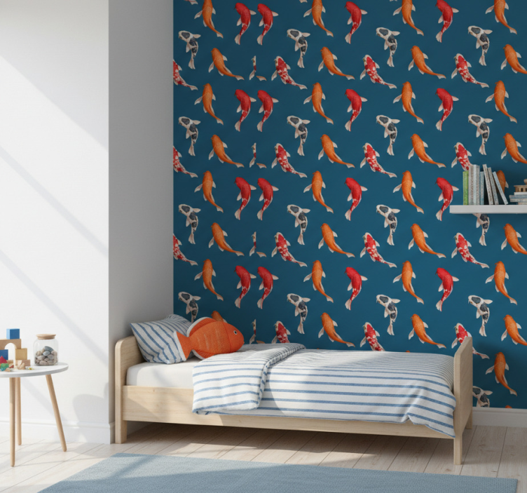 Papel de parede infantil padrão de peixes koi fundo azul - TenStickers