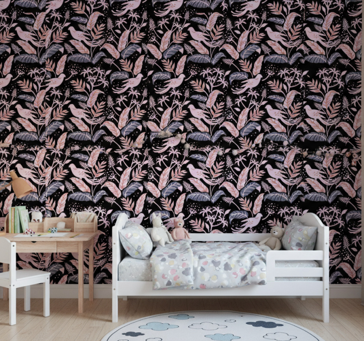 Papel de parede infantil pássaros pretos e rosas em folhas - TenStickers