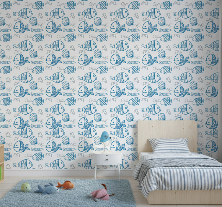 Papel de parede infantil peixes azuis em fundo branco - TenStickers