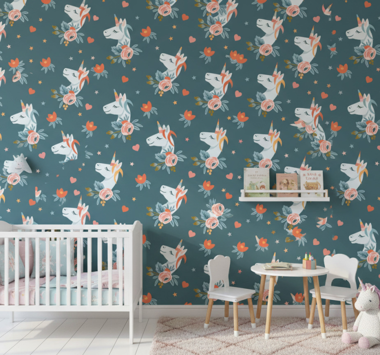 Papel de parede infantil unicórnios azuis encantadores - TenStickers