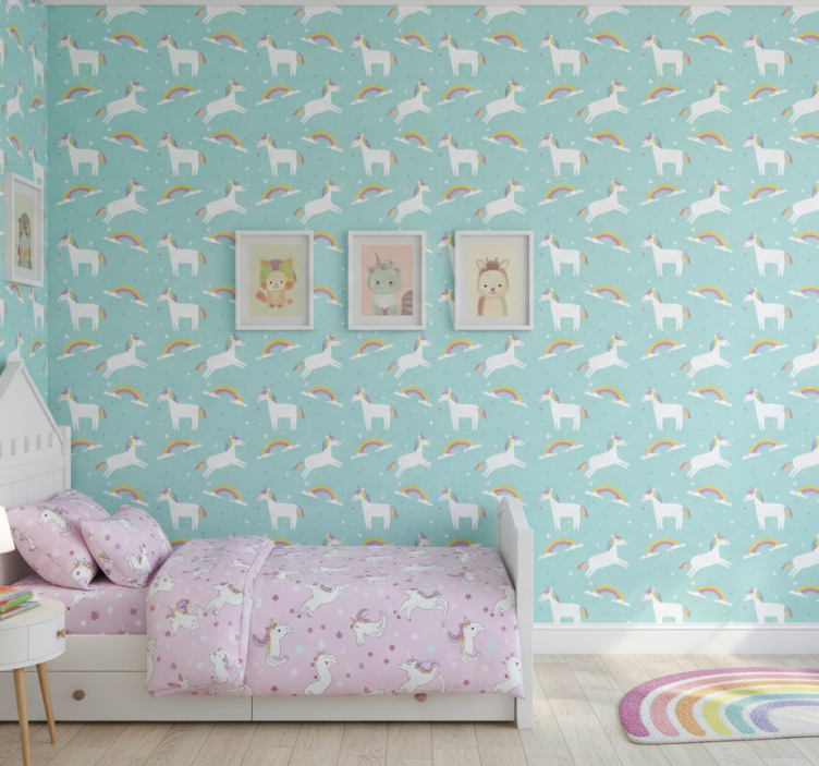 Papel de parede infantil unicórnios com arco-íris - TenStickers