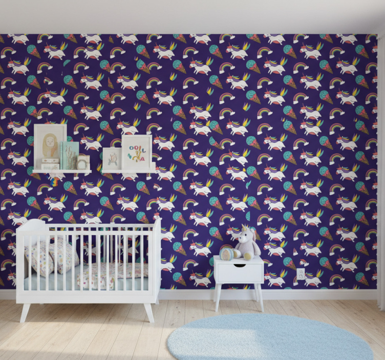 Papel de parede infantil unicórnios e arco-íris - TenStickers