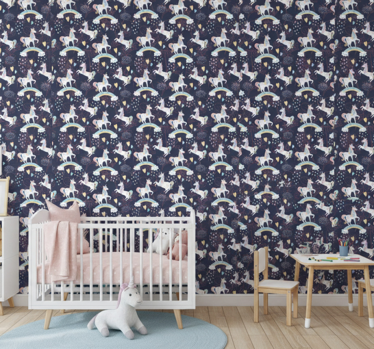 Papel de parede infantil unicórnios rosas florais - TenStickers