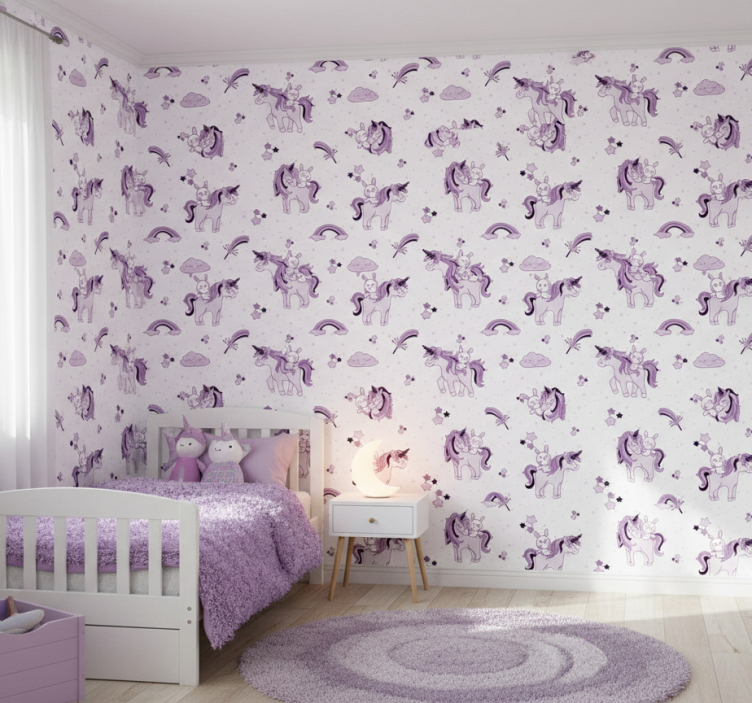 Papel de parede infantil unicórnios roxos de fantasia - TenStickers