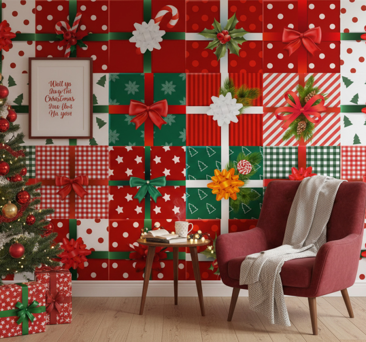 Papel de parede natal com padrões de presentes festivos - TenStickers