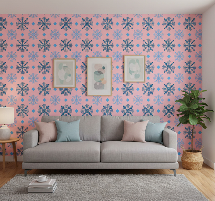 Papel de parede natal padrão de flocos rosa e azuis - TenStickers