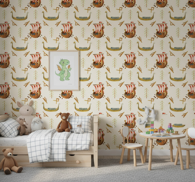 Papel de parede natureza com padrão de navios vikings - TenStickers