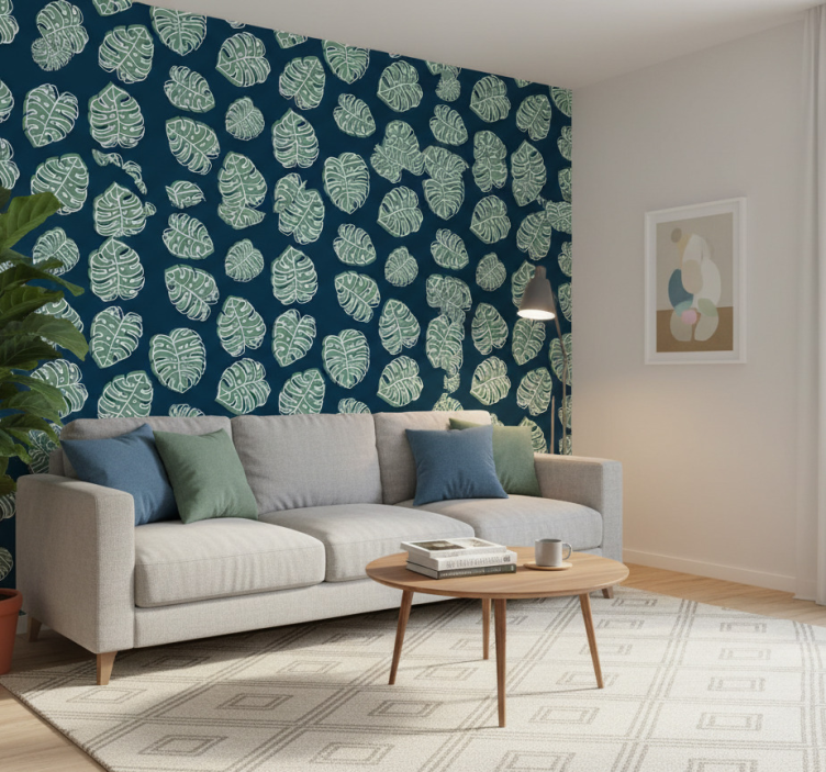 Papel de parede natureza monstera deliciosa verde e azul - TenStickers