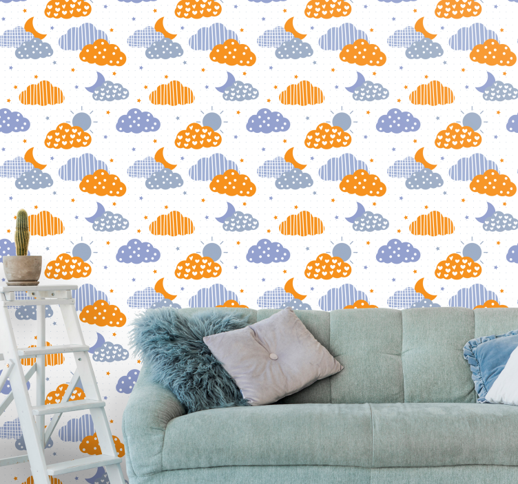 papel de parede infantil nuvens azuis e laranja e sol - TenStickers