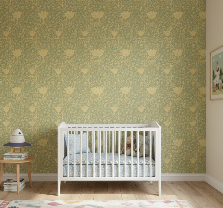 Papel de parede natureza padrão floral sutil dourado e verde - TenStickers