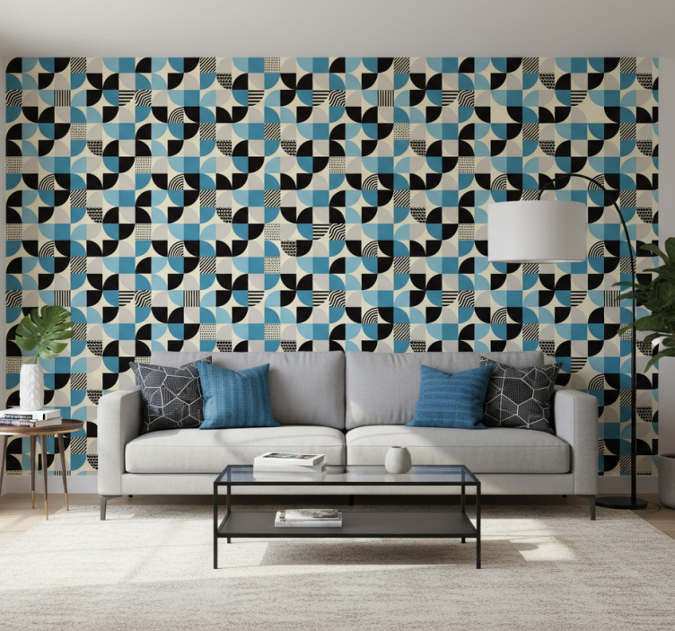 Papel de parede ornamental padrão bauhaus azul retrô - TenStickers