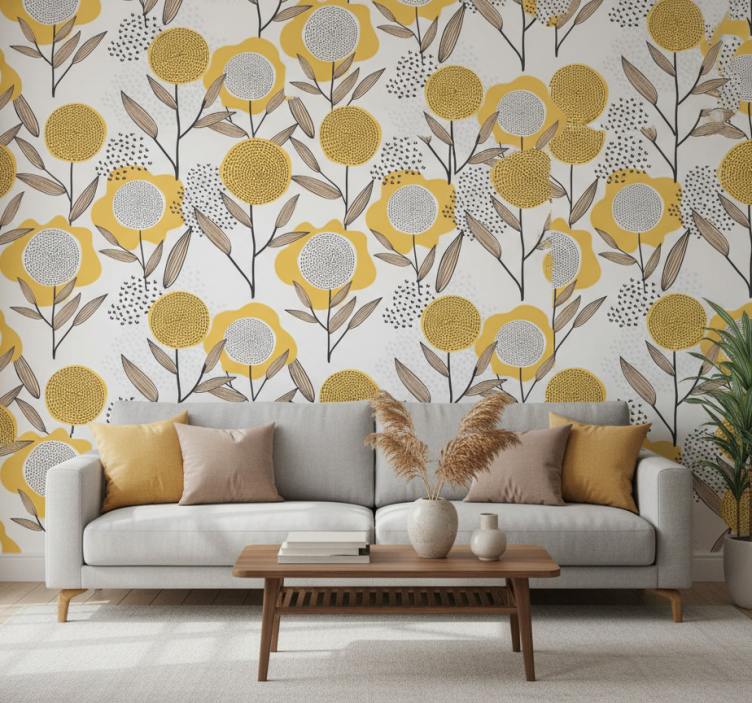 Papel de parede para sala padrão floral amarelo abstrato - TenStickers
