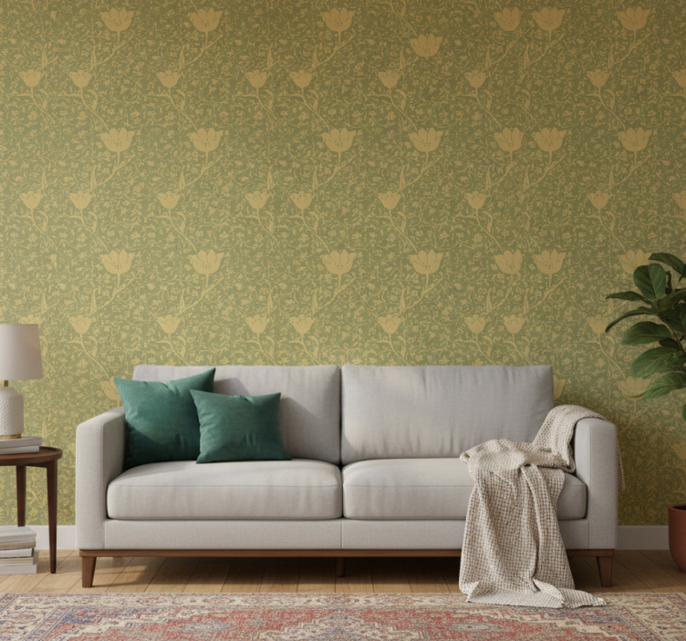 Papel de parede ornamental padrão floral sutil dourado e verde - TenStickers