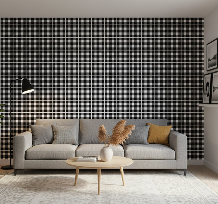 Papel de parede ornamental padrão xadrez preto e branco - TenStickers