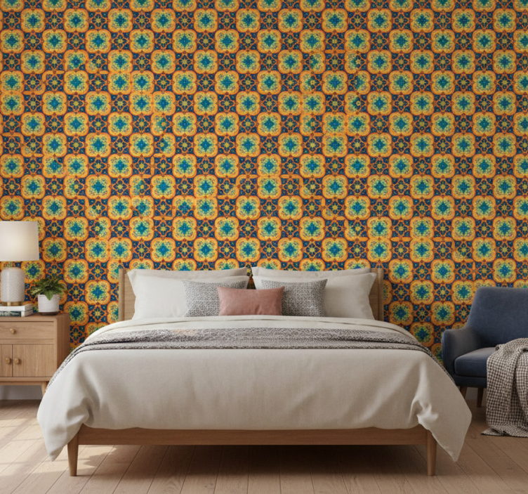 Papel de parede outras texturas padrão boho azul e amarelo - TenStickers