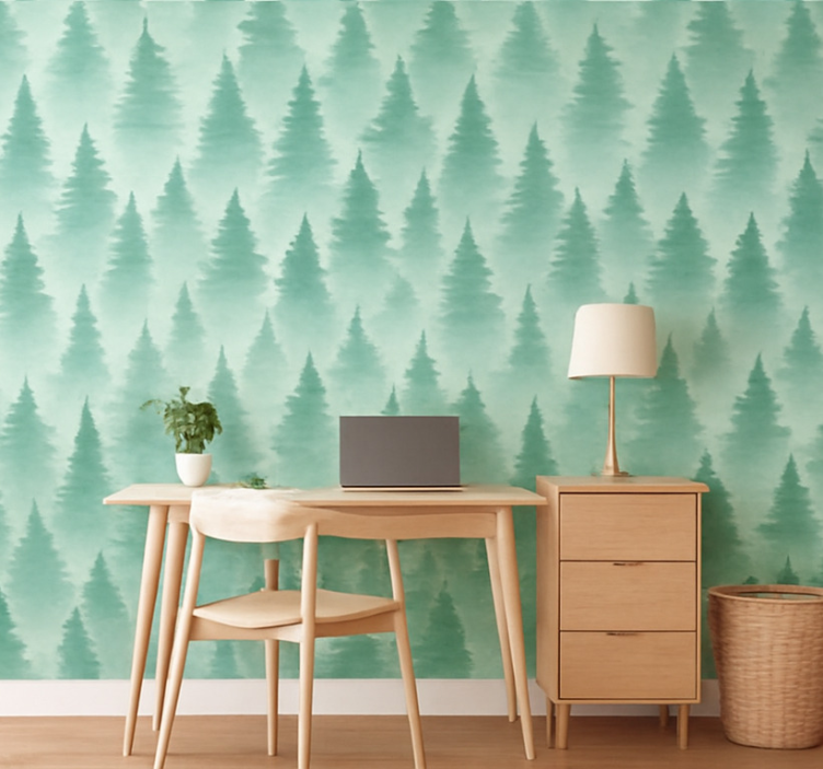 Papel de parede paisagem floresta de pinheiros nebulosa - TenStickers