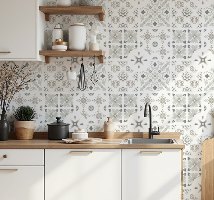 papel de parede para cozinha azulejos de mosaico cinza - TenStickers