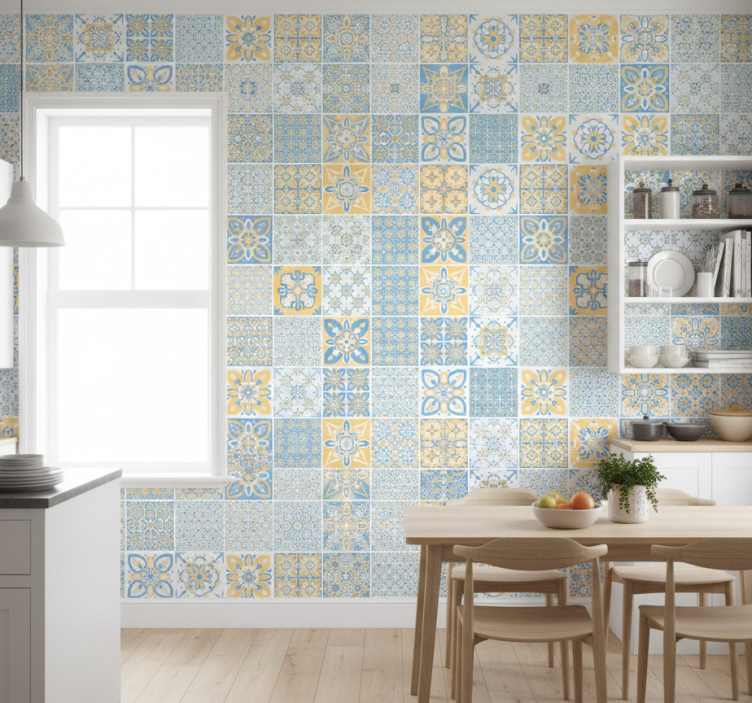 Papel de parede para cozinha azulejos mix portugueses - TenStickers