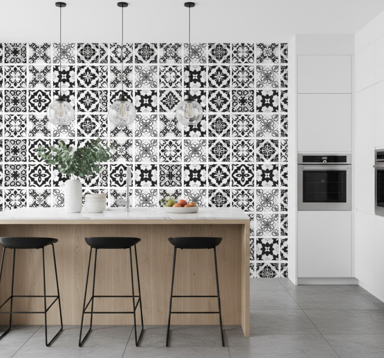 Papel de parede para cozinha azulejos preto e branco - TenStickers
