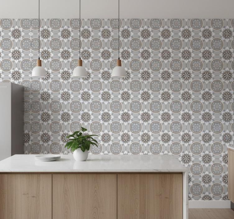 Papel de parede para cozinha com azulejo floral no chão - TenStickers