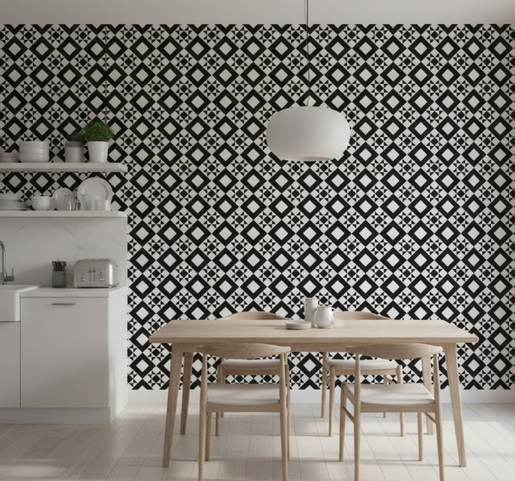 Papel de parede para cozinha azulejo geométrico preto e branco - TenStickers