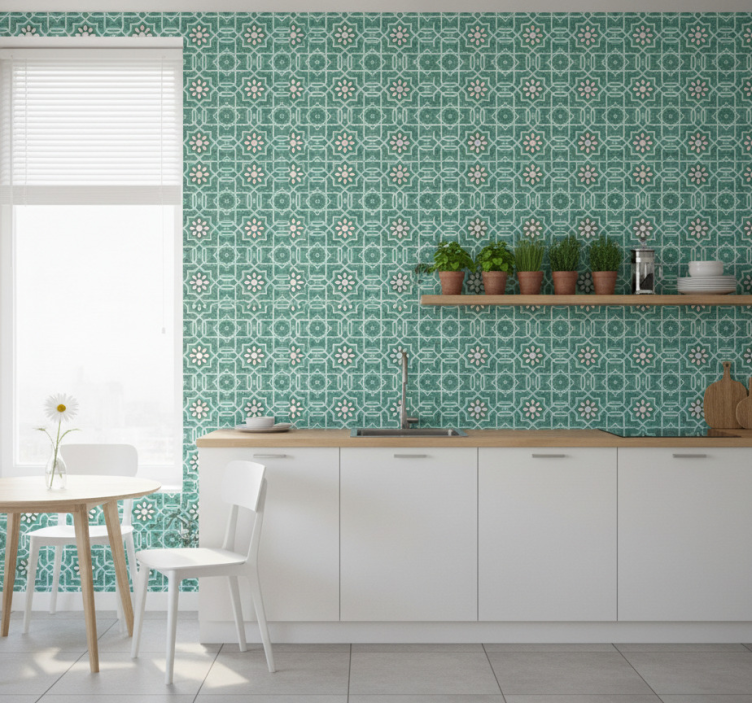 Papel de parede para cozinha com azulejos florais verdes - TenStickers