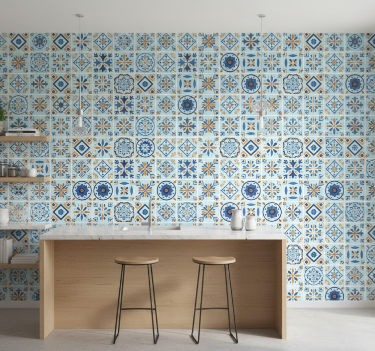 Papel de parede para cozinha com motivo de azulejos tradicionais - TenStickers