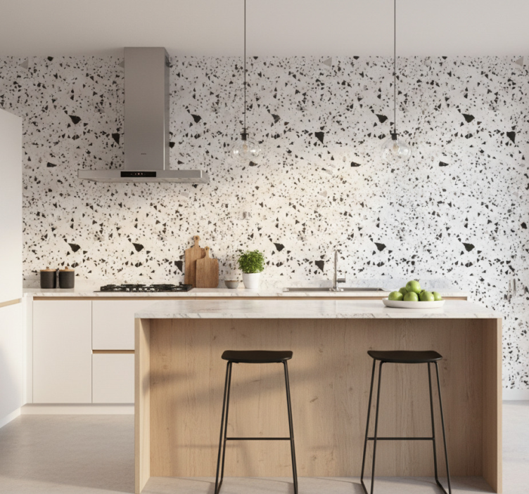 Papel de parede para cozinha em terrazzo cinza, branco e preto - TenStickers