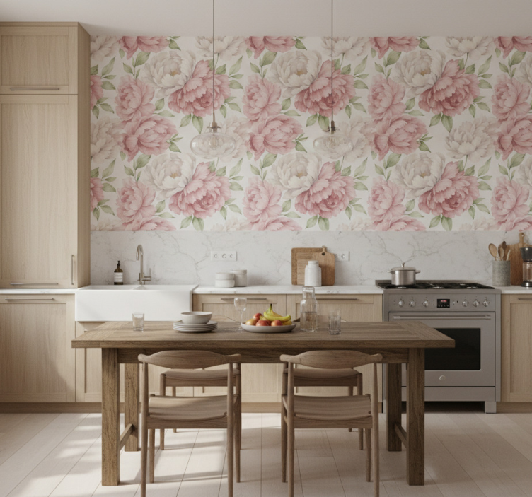 Papel de parede para cozinha estampa peônia ruborizada - TenStickers