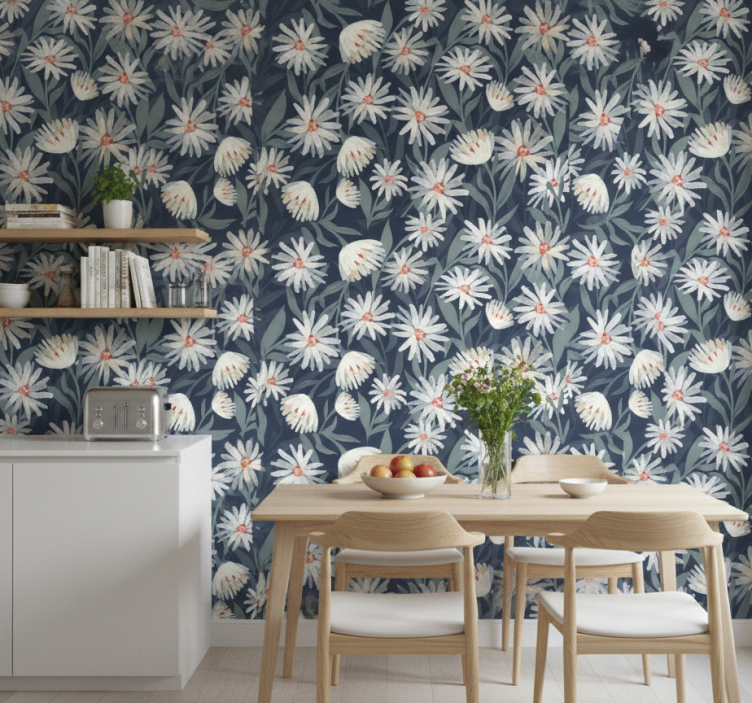 Papel de parede para cozinha flores margaridas em fundo azul - TenStickers