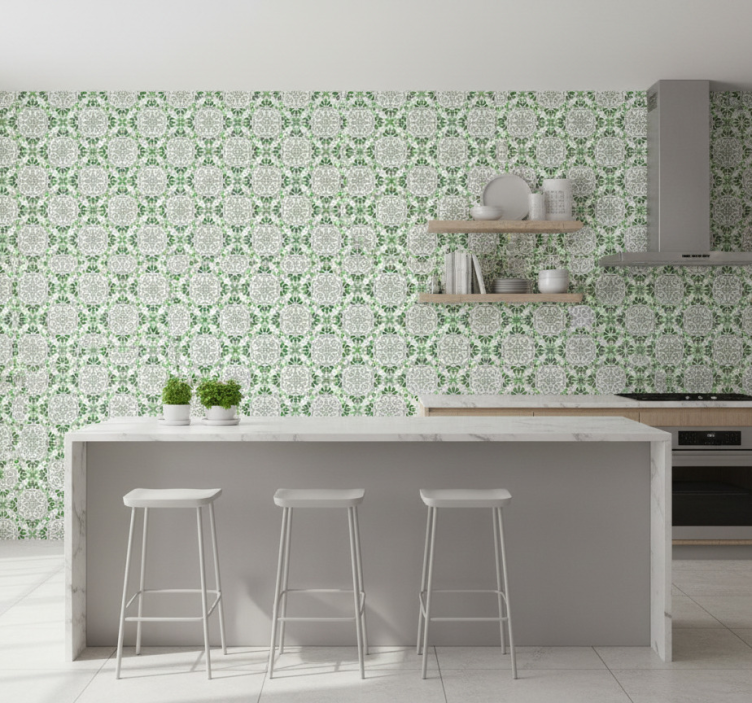 Papel de parede para cozinha mosaico floral verde - TenStickers
