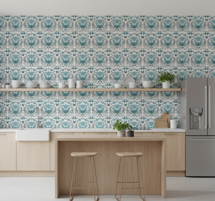 Papel de parede para cozinha padrão folclórico azul com pássaros - TenStickers