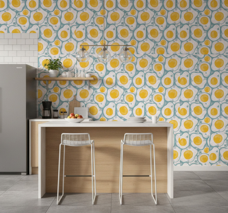 Papel de parede para cozinha padrão ovos ensolarados - TenStickers