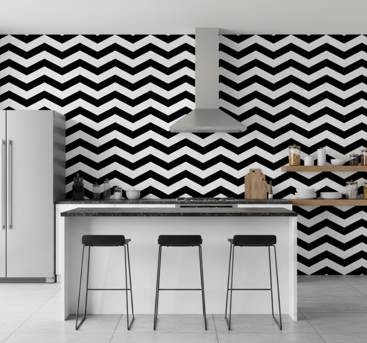 Papel de parede para cozinha padrão zig-zag preto e branco - TenStickers