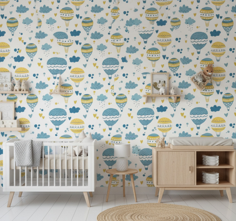 Papel de parede para quarto com balões e nuvens coloridas - TenStickers