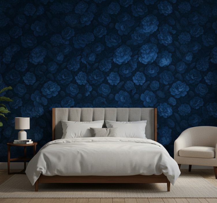 Papel de parede para quarto com motivo floral azul escuro - TenStickers