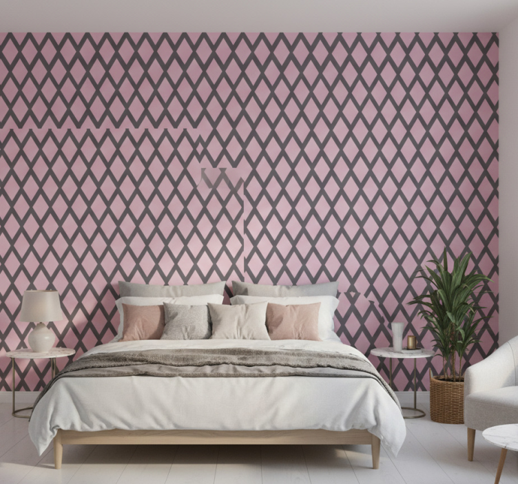 Papel de parede para quarto design de losangos cinza e rosa - TenStickers