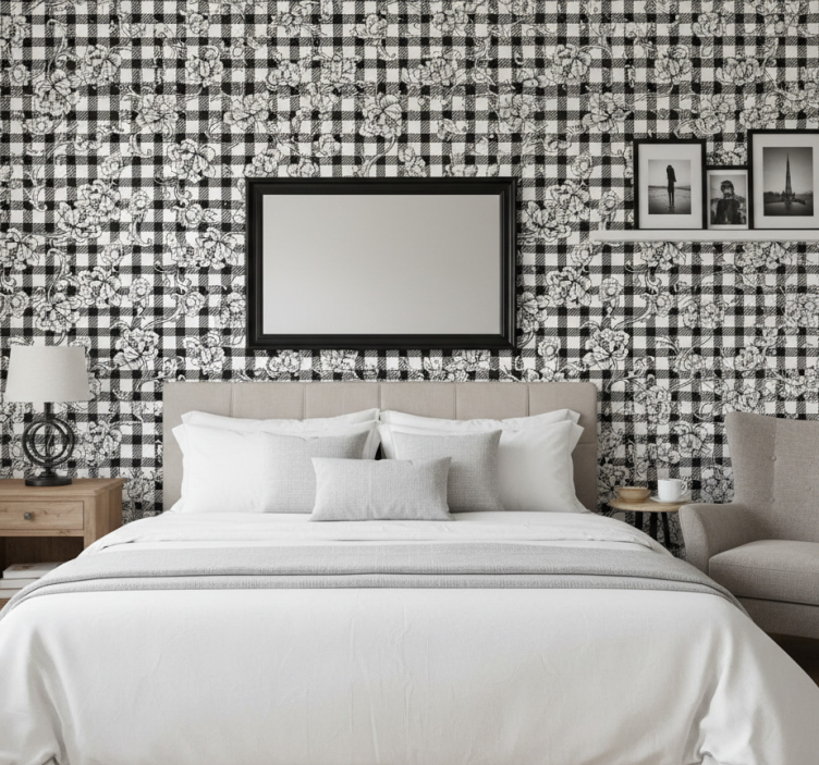 Papel de parede para quarto floral sobre xadrez - TenStickers