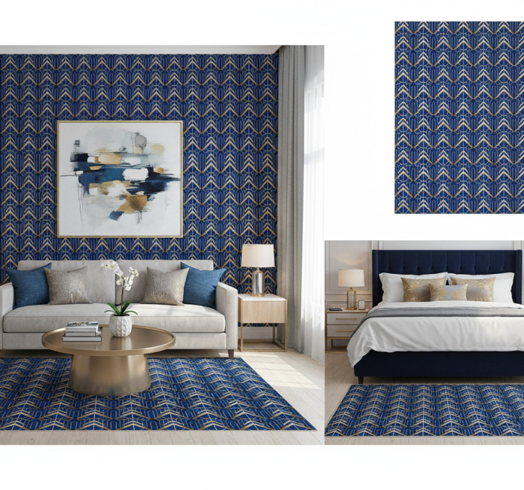 Papel de parede para quarto padrão deco azul e dourado - TenStickers