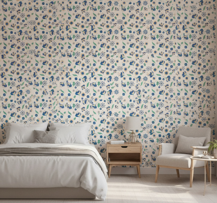 Papel de parede para quarto padrão floral branco provençal - TenStickers