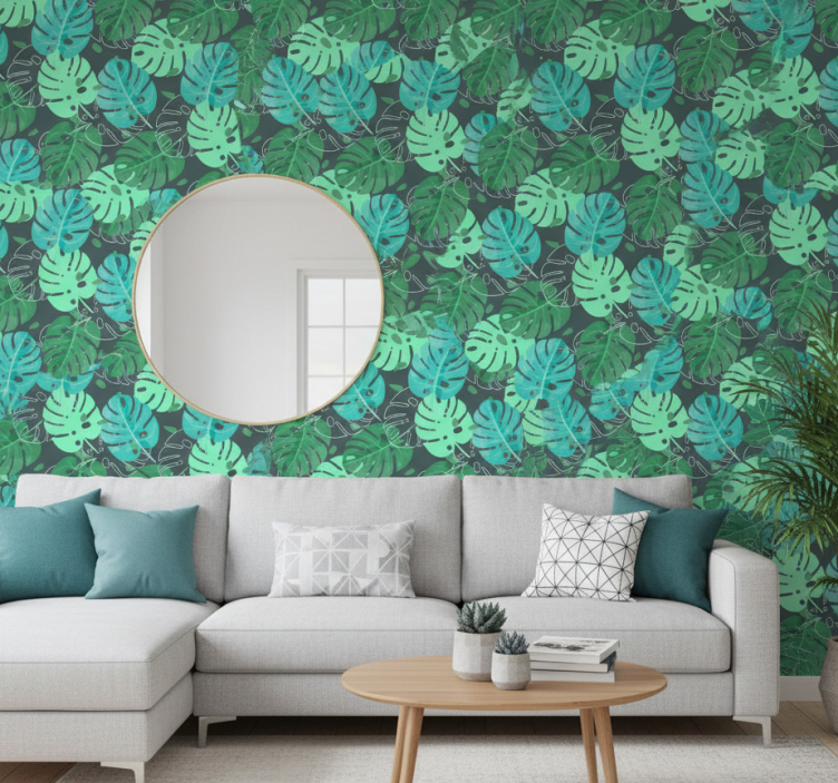 Papel de parede para sala com padrão de folhas tropicais - TenStickers