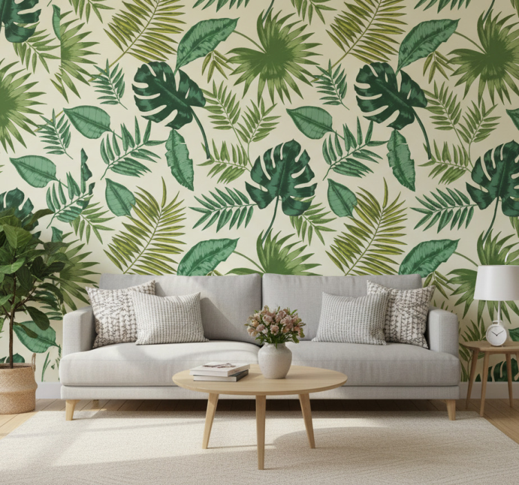Papel de parede para sala com padrão tropical folhado - TenStickers