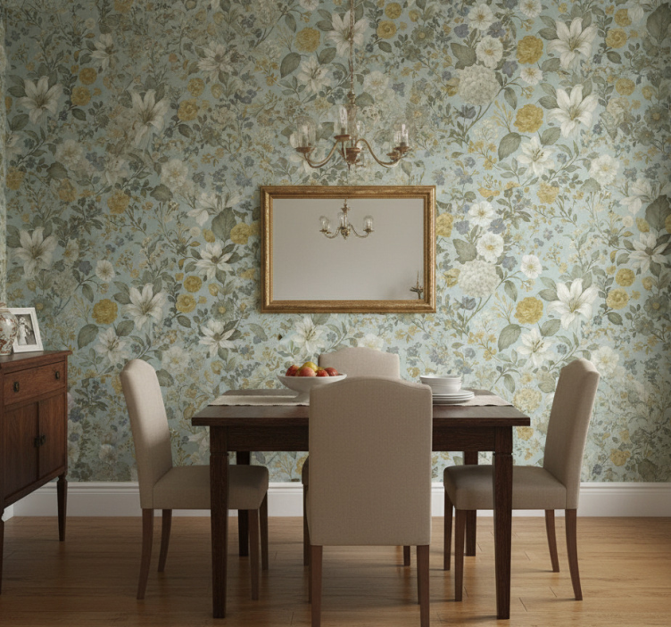 Papel de parede para sala de jantar flores em tom oliva - TenStickers