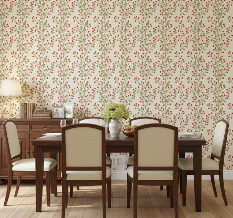 Papel de parede para sala de jantar folhas florais de frutas - TenStickers